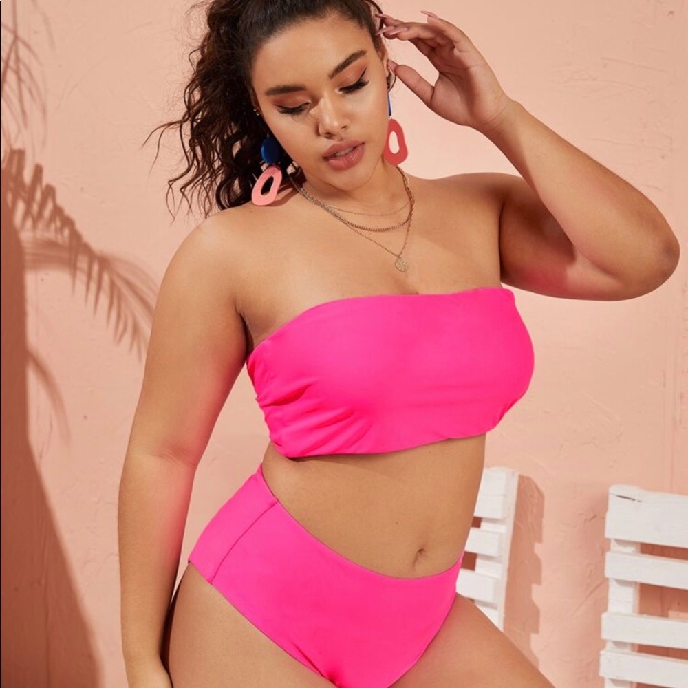 Neon pink Bandeau top high waist bottom two piece